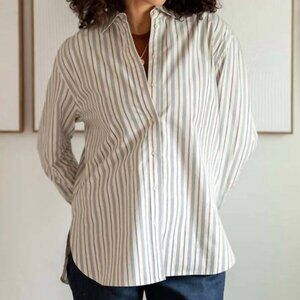 Voyageur by Mersea | Women's Vertical Stripe Ecru Gold Cotton Shirt Large